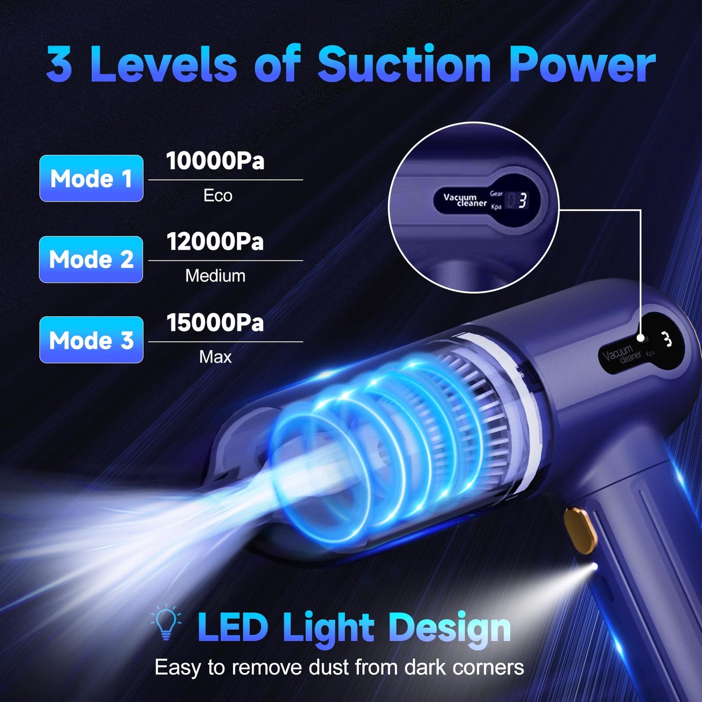 Handheld Car Vacuum Cleaner, 15KPa Mini Cordless 4000mAh Vacuum Cleaner with LED Light, Digital Display & 3 Speeds, 80W High Power 3-in-1 Portable Vacuum with 7 Nozzles, for Car, Home, Office, Pet