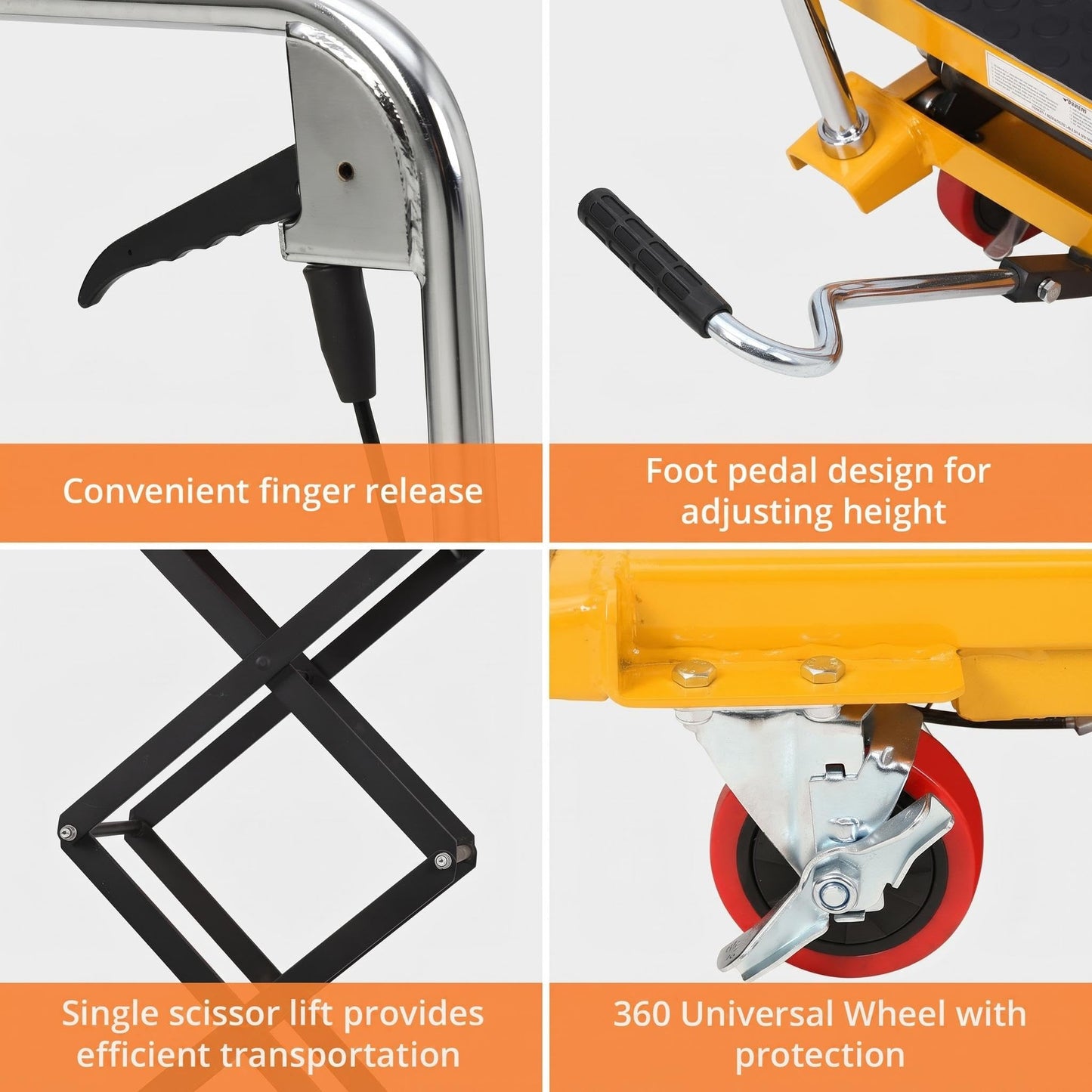 Hydraulic Double Scissor Lift Table Cart, 330 LBS Load Capacity, 50" Adjustable Height, Non-Slip Platform & 4 Universal Wheels, Heavy Duty Lift Table for Material Handling, Yellow