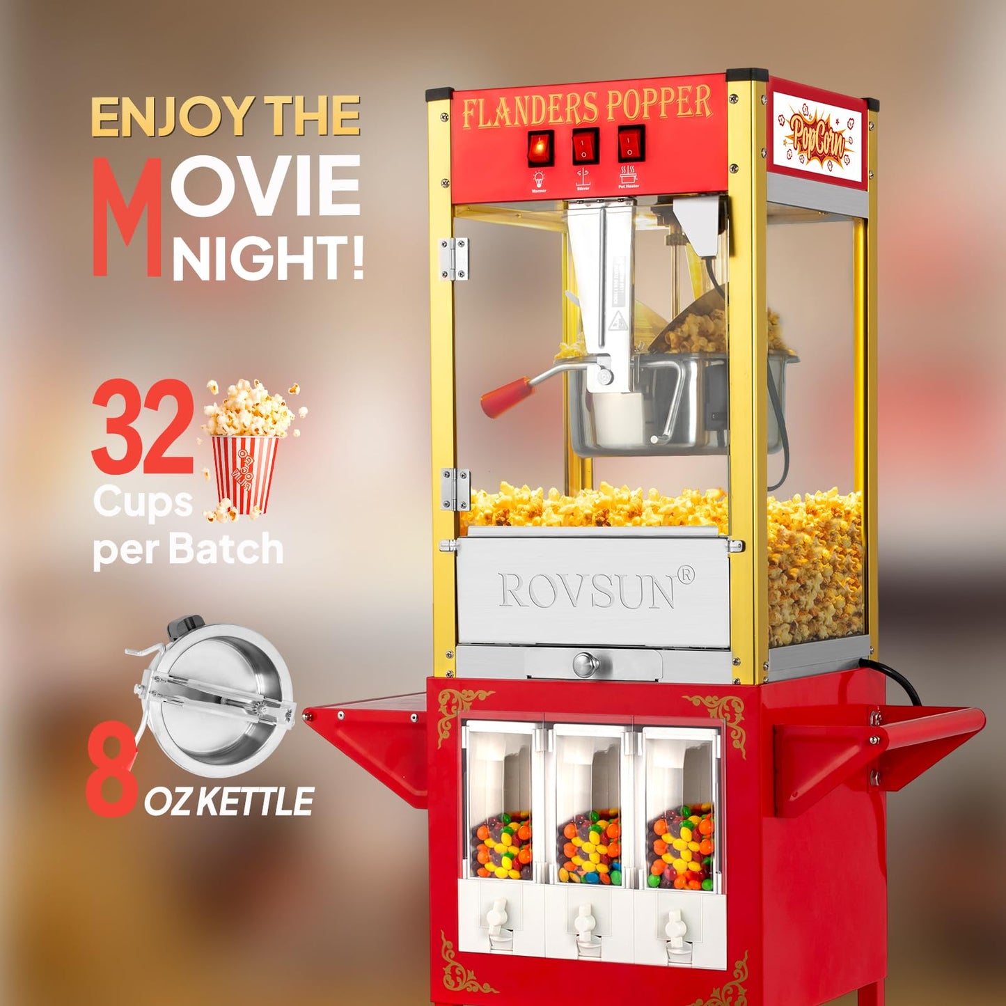 ROVSUN Popcorn Machine Cart with Candy Dispenser, 8 Oz Kettle Makes Up to 32 Cups ETL, Popcorn Maker w/Scoop, Oil Spoon, Bags & Cups, Movie Theater Style Popper for Commercial Home Party, Red