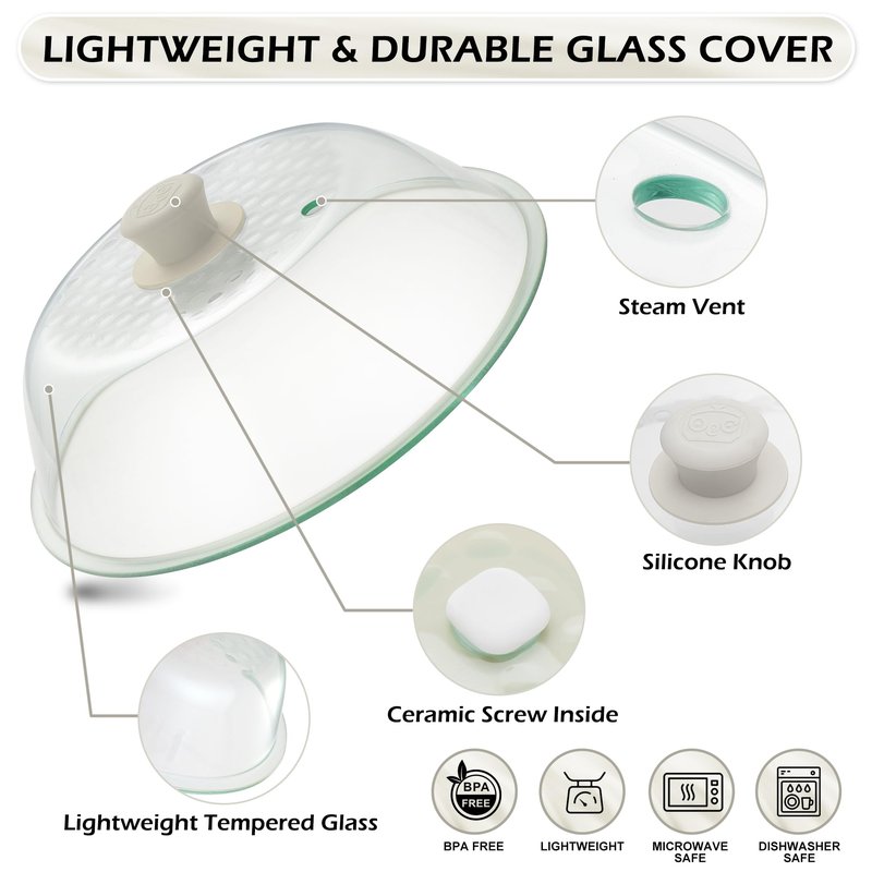 OEC Lighter Weight Tempered Glass Microwave Splatter Cover - 11.5 inch (Inner Diameter 10.6”) - Heat-Resistant -Durable Glass Lid with Vent, Silicone Knob, Dishwasher Safe, 100% Food Grade - BPA Free