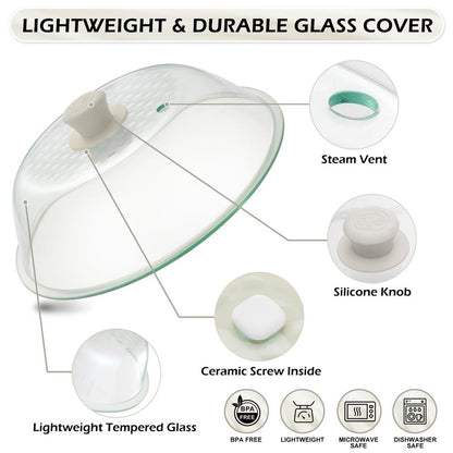 OEC Lighter Weight Tempered Glass Microwave Splatter Cover - 11.5 inch (Inner Diameter 10.6”) - Heat-Resistant -Durable Glass Lid with Vent, Silicone Knob, Dishwasher Safe, 100% Food Grade - BPA Free