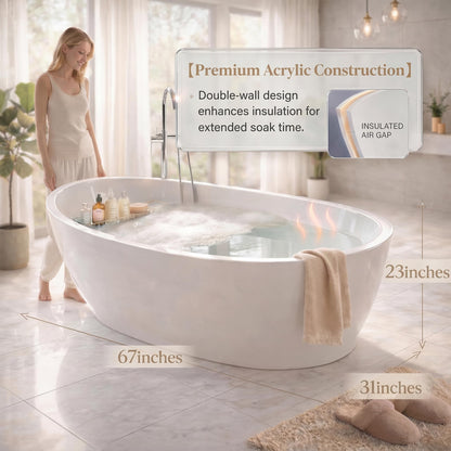 Freestanding Bathtub, Acrylic, Deep Soaking, Modern Upright Bathtub with Matte Drain and Black Overflow, Durable Double Wall, Freestanding for Bathroom, 67'', White