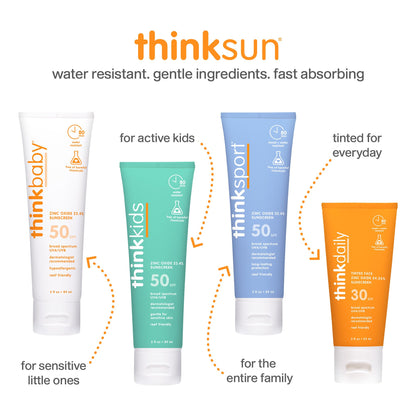 Thinkkids Safe Mineral Sunscreen SPF 50+, 3 Fl Oz, Natural, Water Resistant Reef Safe Sunscreen for Children, Broad Spectrum UVA/UVB Sun Screen