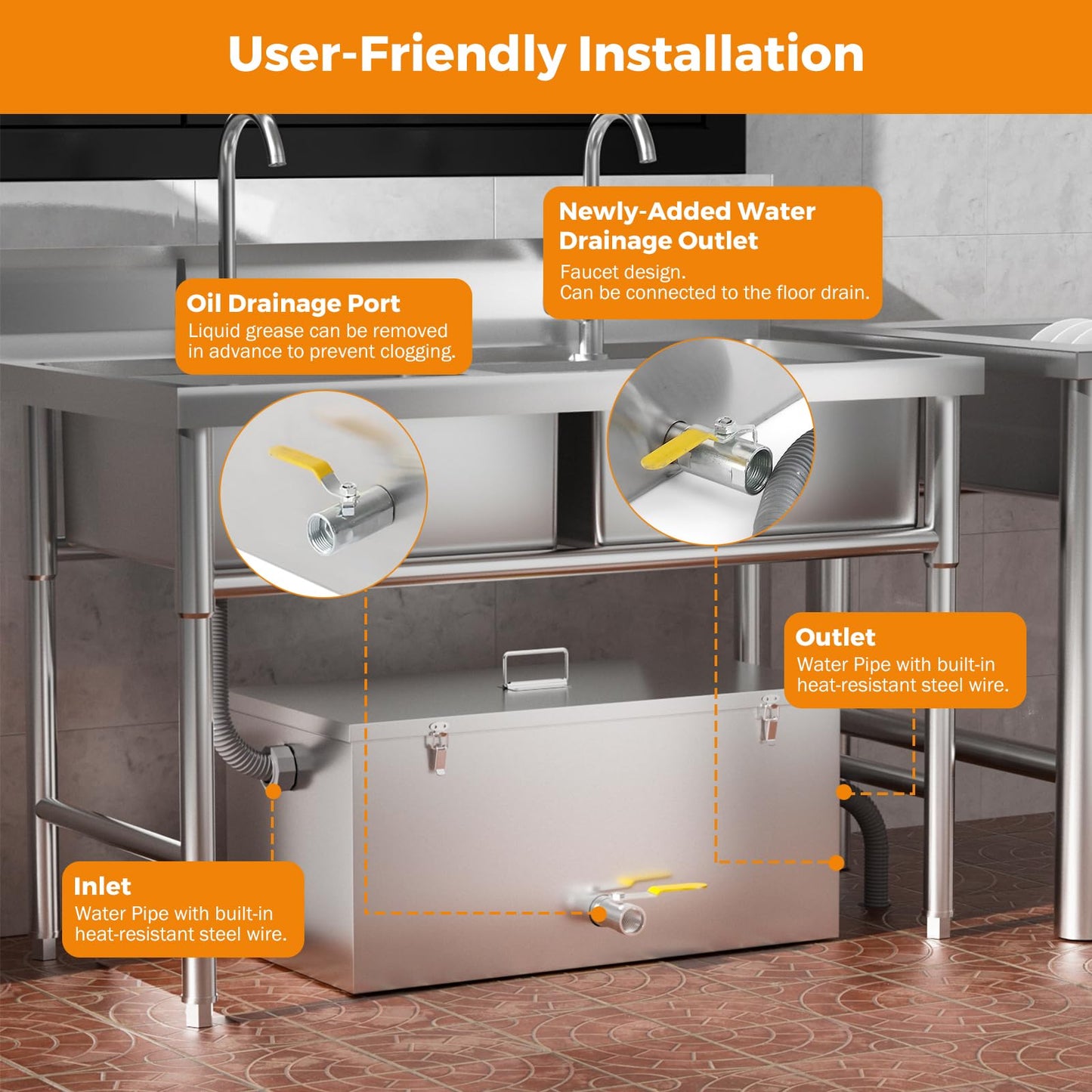 BEAMNOVA Commercial Grease Trap 25lbs + 8lbs Stainless Steel Interceptor, Side Inlet for Restaurant Home Kitchen Tools