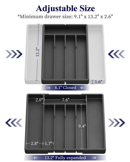 Kitsure Silverware Organizer for Drawers - Expandable Cutlery and Utensil Drawer Organizer with Easy Maintenance, Premium PP Kitchen Organizers and Storage for Flatware, Black, 13.2" x 12.2" x 1.6"