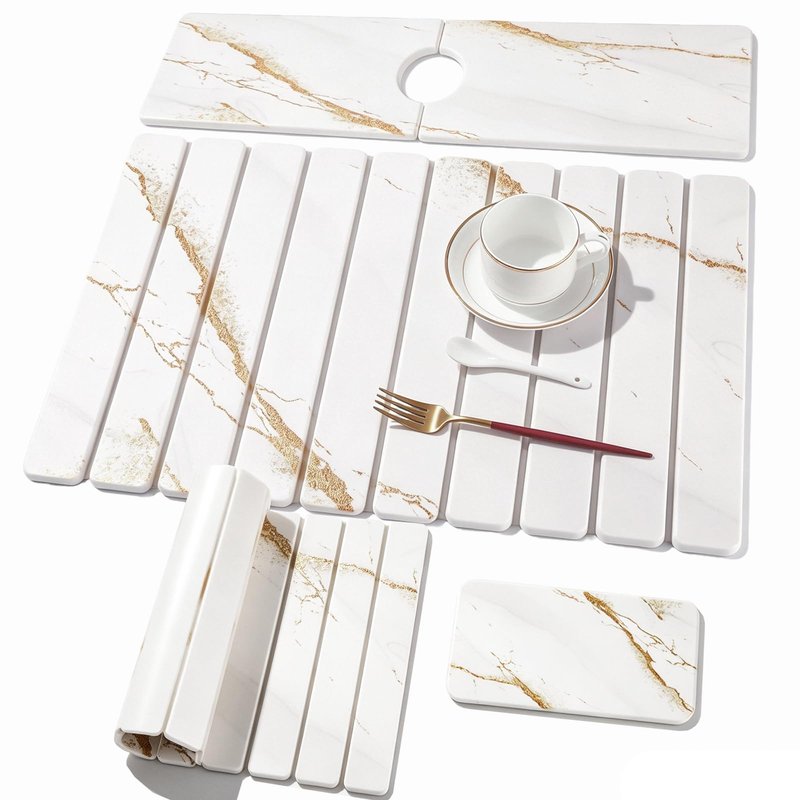 3 PCS Large Stone Dish Drying Mat for Kitchen Counter, Quick Dry Stone Dishes Mats, Sink Faucet Mat, Marble Water Absorbing Diatomaceous Earth Drying Pad for Countertop Tableware, Bottles