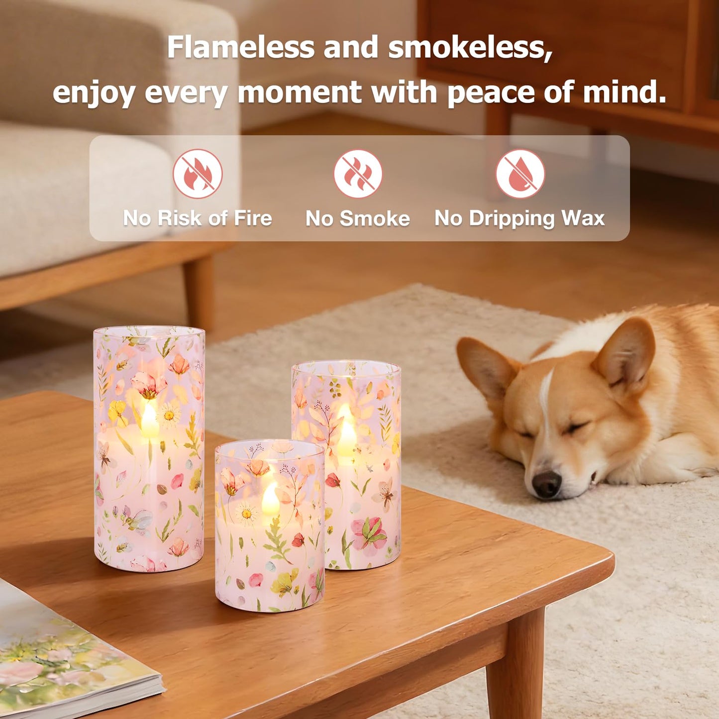 Crystal Club Flameless LED Candles with Remote Timer, Pink Floral Glass Battery Operated Candles, 3 Pack Realistic Flickering Pillar Candles for Wedding Home Centerpiece Decoration