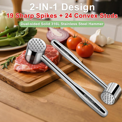2-in-1 Real 316L Stainless Steel Meat Tenderizer Mallet Hammer, Professional Meat Pounder with 19 Sharp Needle Spikes, Dual-Sided Heavy Duty 1.09lb Versatile Kitchen Tool,Solid & Dishwasher Safe
