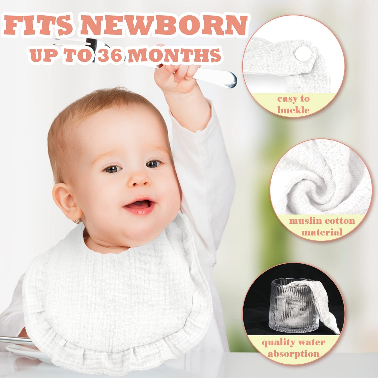 Seematn 10 Pcs Baby Muslin Bibs Drool Bibs Bandana Ruffle Soft Cotton for Newborn Baby Infants Girl Teething Toddlers Boy(White)