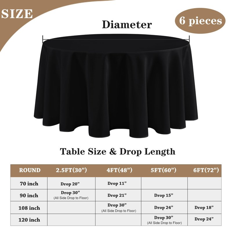 Fitable 6 Pack Black Round Table Clothes - 90 Inches in Diameter - Stain Resistant and Washable Tablecloths, Polyester Fabric Table Covers for Wedding, Party, Banquet, Gathering