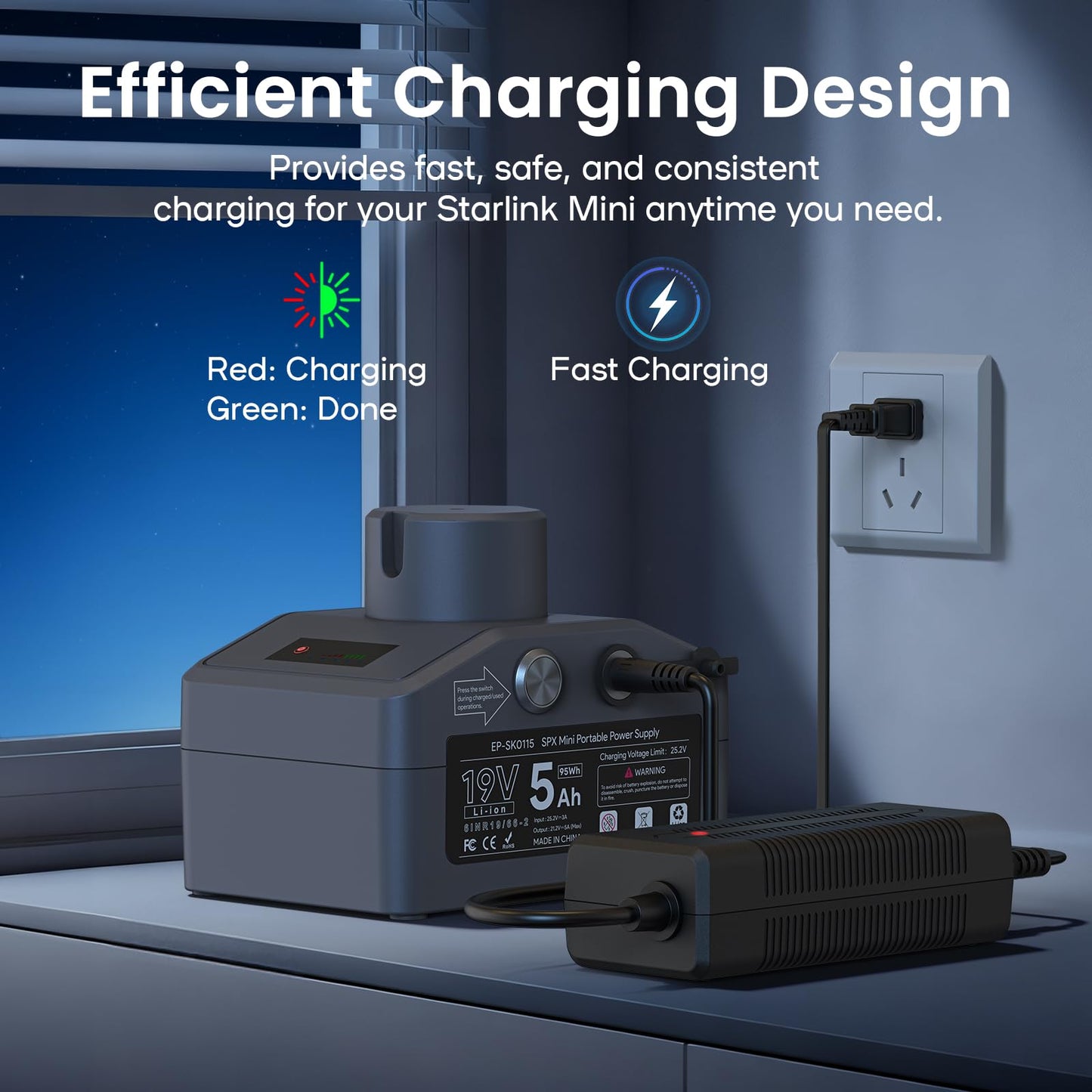 WXPSKY Starlink Mini Battery Pack, Starlink Battery 95Wh Portable Power Supply, 19V/5Ah Output, IP65 Waterproof, DC 25.2V/3A Adapter, Plug-and-Play Power Bank Compatible with Starlink Mini X