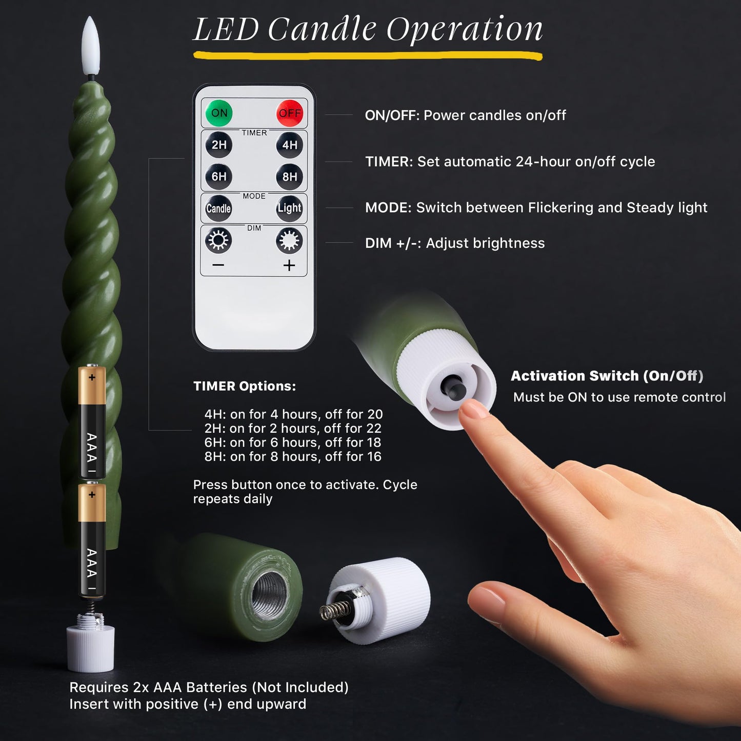 West Ivory Full Twisted Spiral Flameless LED Taper Candles – Loden Green, Set of 2 – 2/4/6/8-Hr Timer (24-Hr Memory), Remote, Dimmable, Bottom On/Off Button, Flicker/Steady, Battery Operated