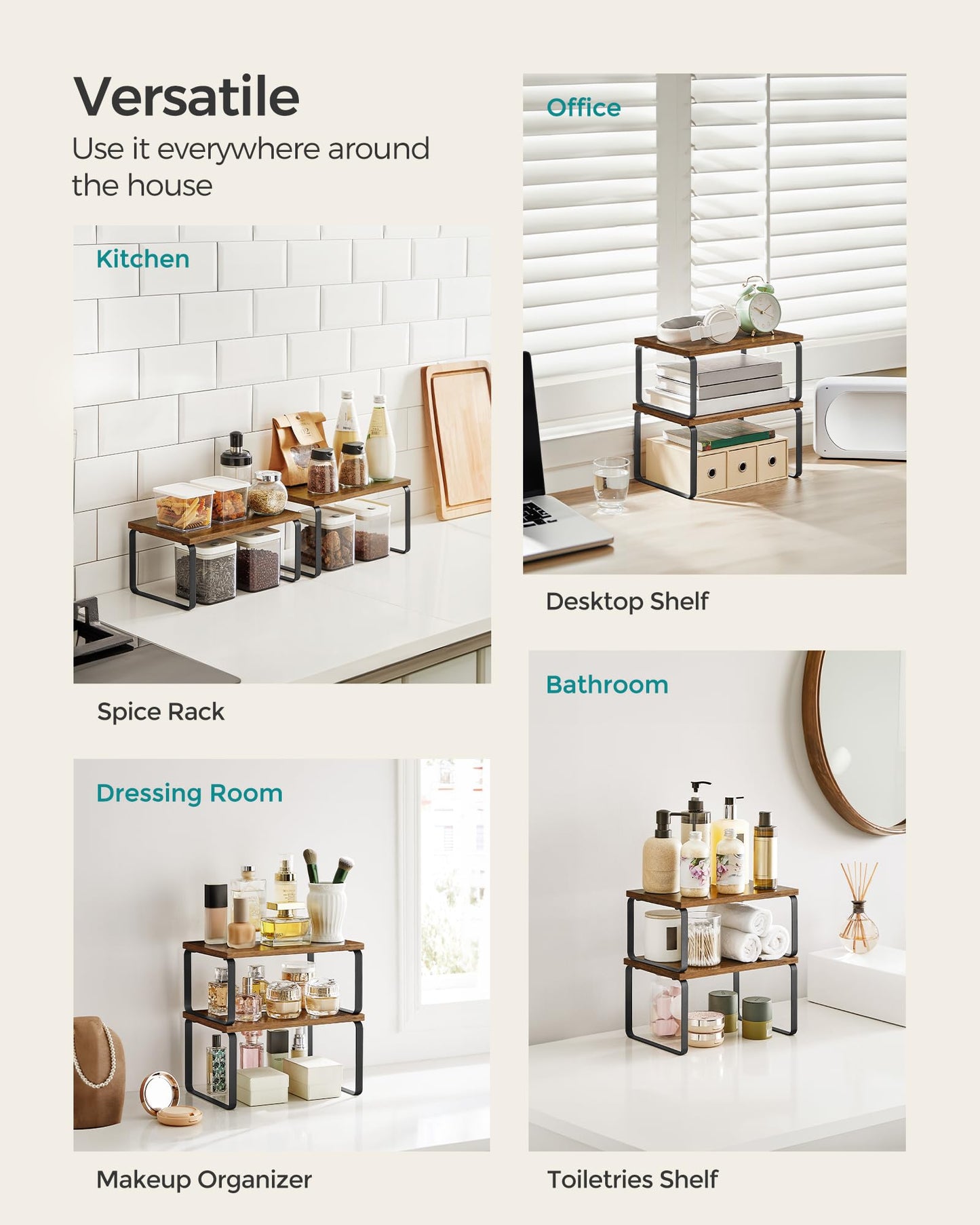 SONGMICS Cabinet Organizer Shelf, Set of 4 Kitchen Counter Shelves, Kitchen Storage, Spice Rack, Stackable, Expandable, Metal and Engineered Wood, Cloud White and Natural Beige UKCS010N01