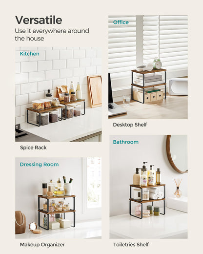 SONGMICS Cabinet Organizer Shelf, Set of 4 Kitchen Counter Shelves, Kitchen Storage, Spice Rack, Stackable, Expandable, Metal and Engineered Wood, Cloud White and Natural Beige UKCS010N01