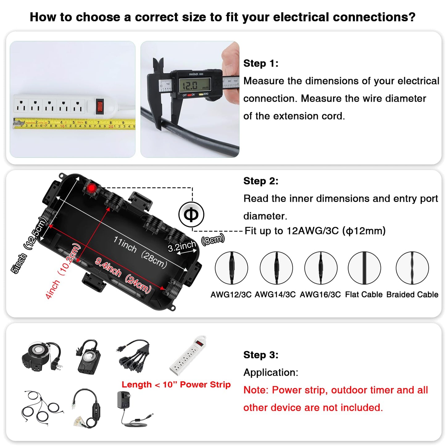 Flemoon Medium Outdoor Electrical Box (11.5x5.2x4 inch), IP54 Waterproof Extension Cord Cover w/6 Cable Entry Ports, Weatherproof Connection Box for Power Strip, Timer, Plug, Holiday Lights, Black