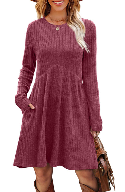 OFEEFAN Long Sleeve Dress for Women Crew Neck Empire Waist Tunic Dress with Pockets