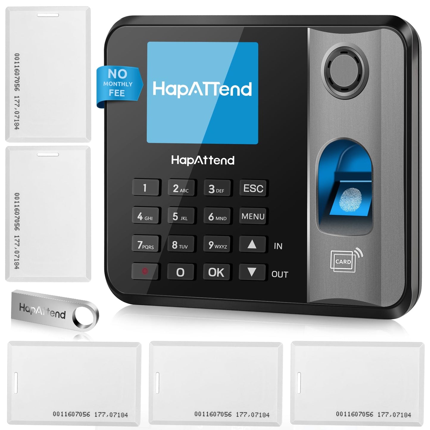 HapAttend Time Clocks Bundle with 15 RFID Cards, 0 Monthly Fees Standalone Biometric Time Attendance Punch Machine with Fingerprint, RFID and PIN - H1