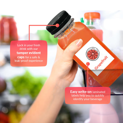 Reli. Plastic Juice Bottles [48 Bulk Pack] [8 oz] Square Plastic Juice Bottles with Caps & Sticker Labels | Clear, Empty for Juicing 8oz | Disposable, Reusable Containers for Juicing, Smoothies