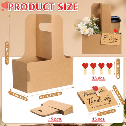 Chunful 15 Set 2 Cup Disposable Drink Carrier with Thank You Card for Graduation Teacher Gifts Flower Foam Plastic Liner Clip Cardboard Cup Holder with Handle for Hot Cold Drinks Wedding