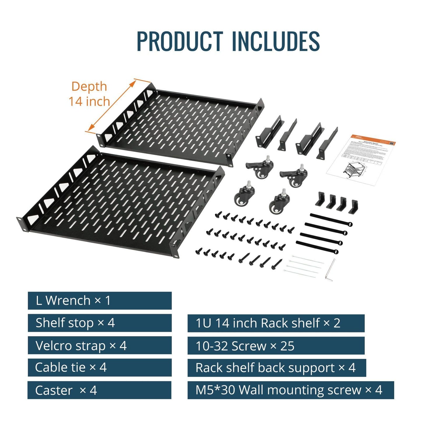 TECMOJO 20U Open Frame Network Rack for IT & AV Gear, 4-Post With Casters, Mobile With 2 PCS 1U Server Shelf & Mounting Hardware, for 19" Network, Audio and Video Device