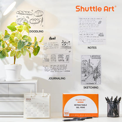 Shuttle Art Black Gel Pens, 100 Pack Retractable Medium Point Rollerball Gel Ink Pens Smooth Writing with Comfortable Grip for Office School Home Work
