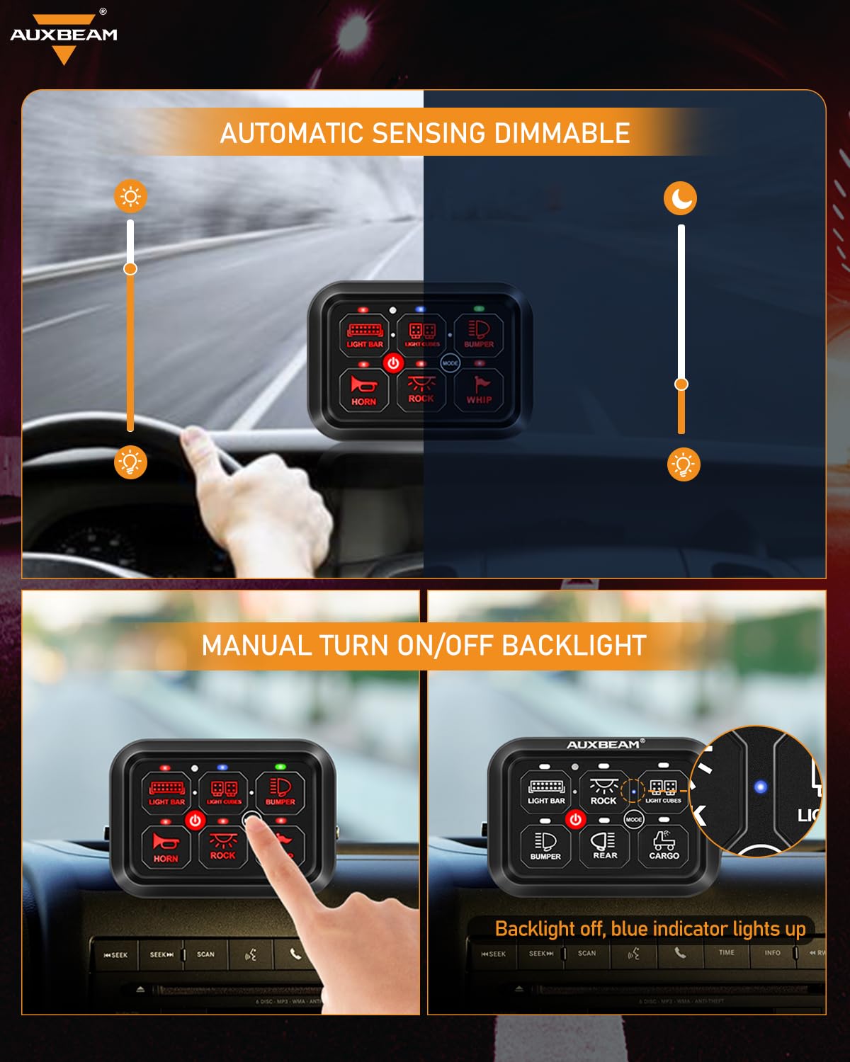 Auxbeam 6 Gang Switch Panel RA60 Toggle Momentary Pulsed RGB Dimmable Switch Panel Multifunction Switch Panel Built in Solid State Relay Marine Control Panel Waterproof for Car Boat, 3 Years Warranty
