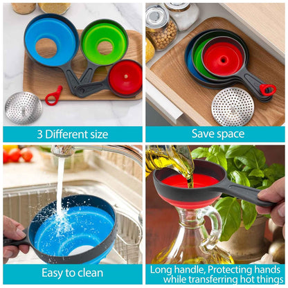 Kalave Canning Funnel with Strainer, Food Grade Silicone Collapsible Kitchen Funnel, Wide Mouth for Canning, Filling Bottles & Mason Jars, 4 Pack