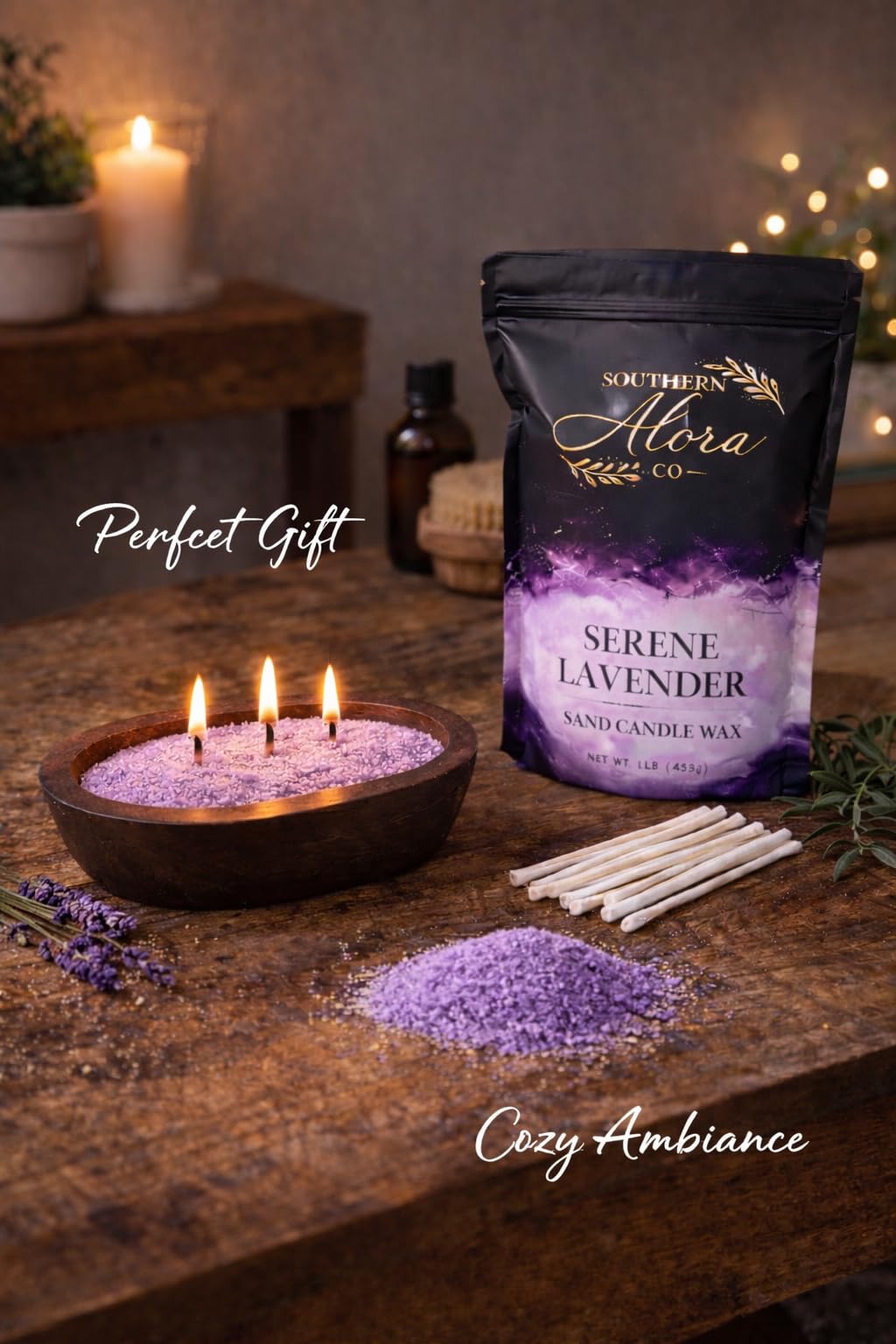 Candle Sand with 10 Wicks – 1 LB Refillable Candle Wax for DIY Candles, Wedding Centerpieces, Home Decor, Candle Making Kit, Candle Sand with Wicks – Lavender Serenity
