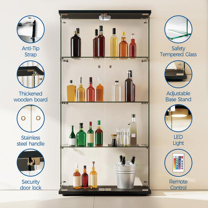 IDEALHOUSE Tempered Glass Display Cabinet with LED Light, 4 Shelves Lockable Curio Showcase, Double Doors Storage Cabinet for Living Room Bedroom Office, Black (64x31.7x14.3 in)