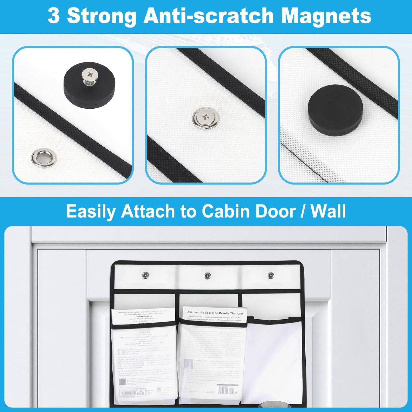 Cruise Magnetic Door Organizer with Hooks – 15 Large Pockets, Strong Anti-Scratch Magnets, Over-the-Door Cruise Essentials Storage for Cruise Cabins