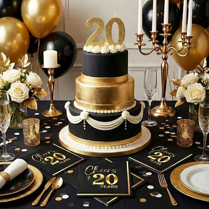 JOYGATHER Cheers to 20 Years - 50PCS Black & Gold Foil Cocktail Napkins, 3-Ply Disposable Paper 5x5 Inches 20th Birthday Decorations, Wedding, Anniversary, Party Men & Women