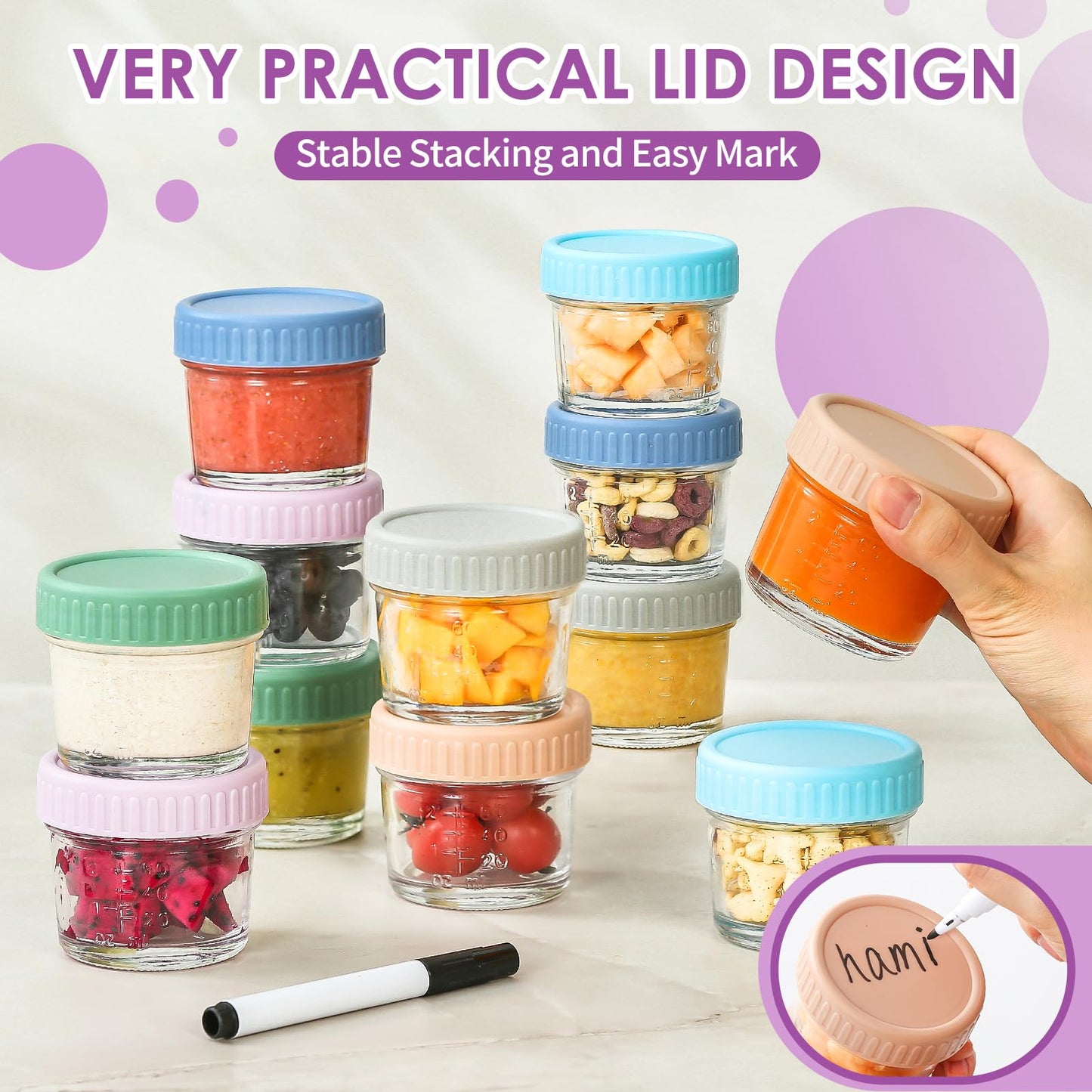DRKIO 12 Pack Glass Baby Food Storage Containers - 4 Oz Baby Food Jars with Lids Baby Food Maker Microwave Dishwasher Freezer Safe 100% Leak Proof BPA Free Reusable
