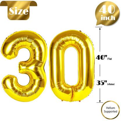 Gold Number 30 Balloon 40 inch, 30 Number Balloons, 30th Gold Birthday Decorations, 30 Year Old Women Men Golden Party Supplies