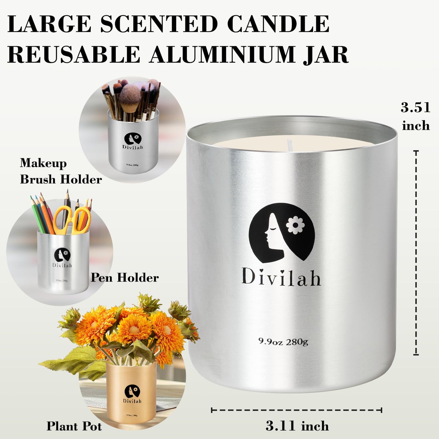 Divilah English Pear&Freesia Scented Candles, 65 Hour Long Lasting Non Toxic Natural Soy Wax in Silver Aluminum Jar, Luxury Large Home Decorative Scented Candle, Aromatherapy Gift for Women, Men,9.9oz
