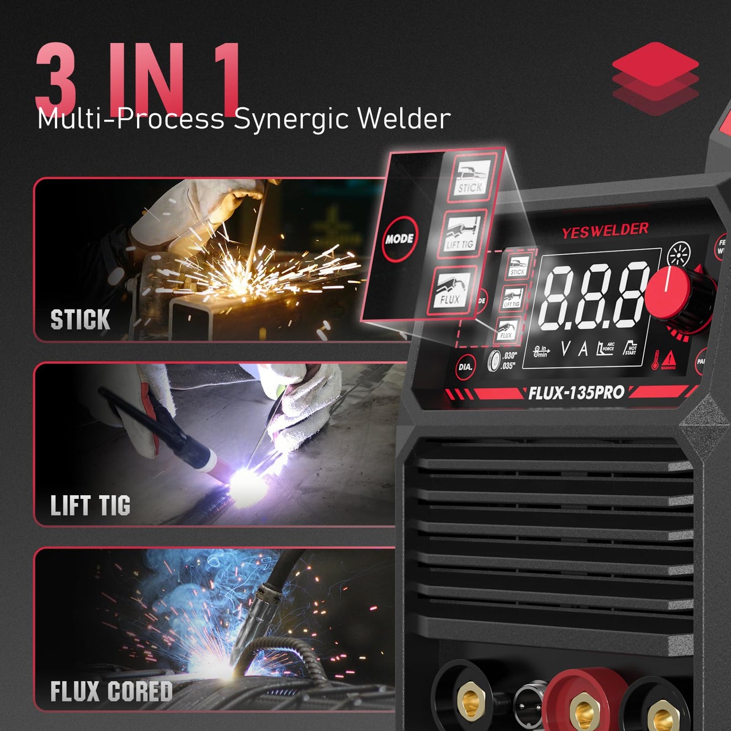 YESWELDER 135A MIG Welder, 110V Flux Core MIG/Lift TIG/Stick 3-in-1 Large LED Digital Display Welding Machine IGBT Inverter Welder