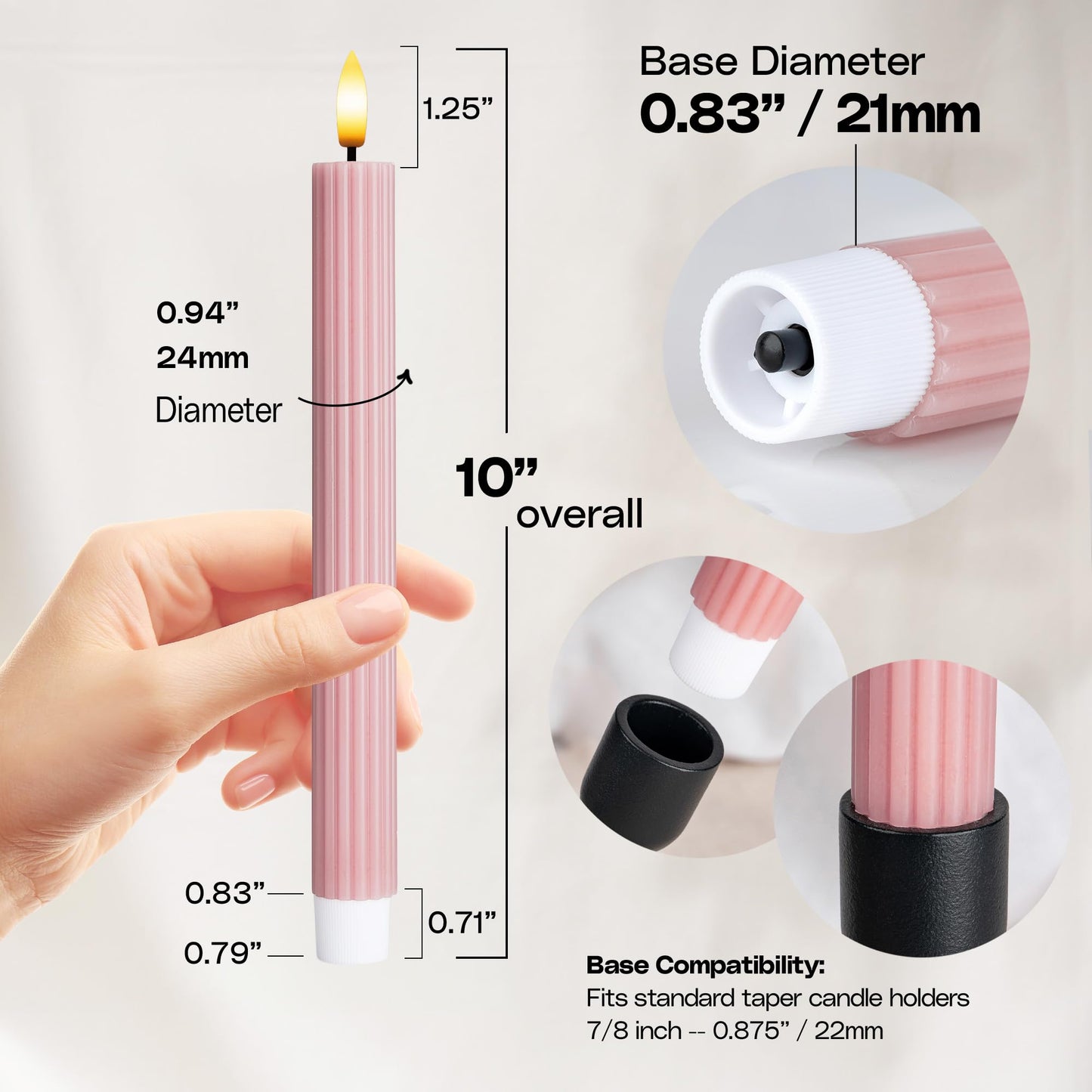 West Ivory 12 Pack, 10" LED Flameless Dusty Rose Fluted Ribbed Grooved Taper Candles, Remote & 24h Timer Memory, On/Off Button, Dimmable, Flicker Mode, Battery Operated, Christmas Menorah Wedding