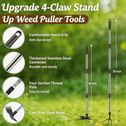 HWLANTU Stand Up Weed Puller Tool with 58" Adjustable Long Handle, 2 in 1 Heavy Duty Manual Weeder & Garden Hoe, 4-Claw Steel Head Weed Remover with Gloves for Yard Lawn Patio Flower Bed