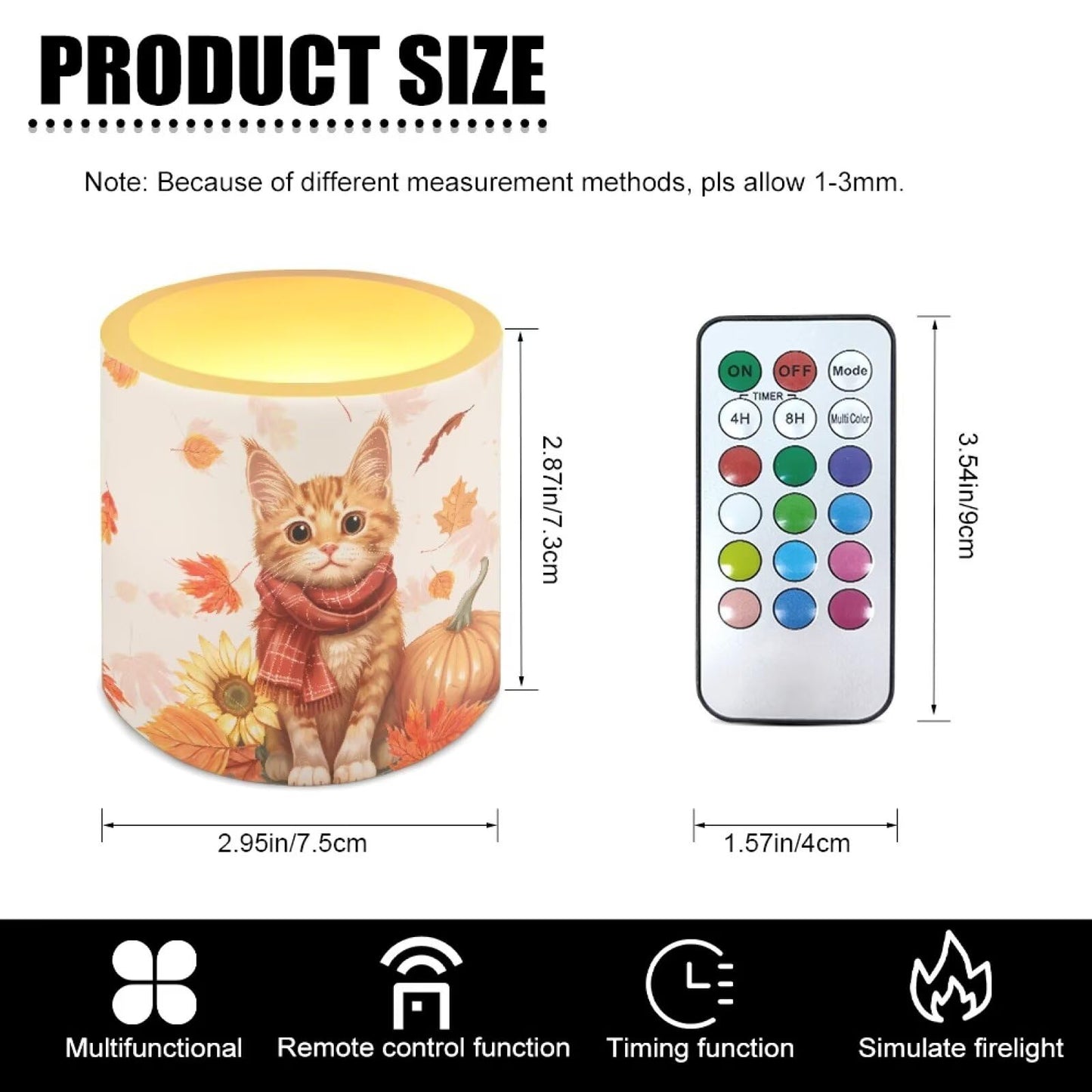 Cozeyat Autumn Cat Flameless Candles 4 Pack Battery Operated with Remote Control Timer LED Pillar Candles Waterproof for Indoor Outdoor Decor