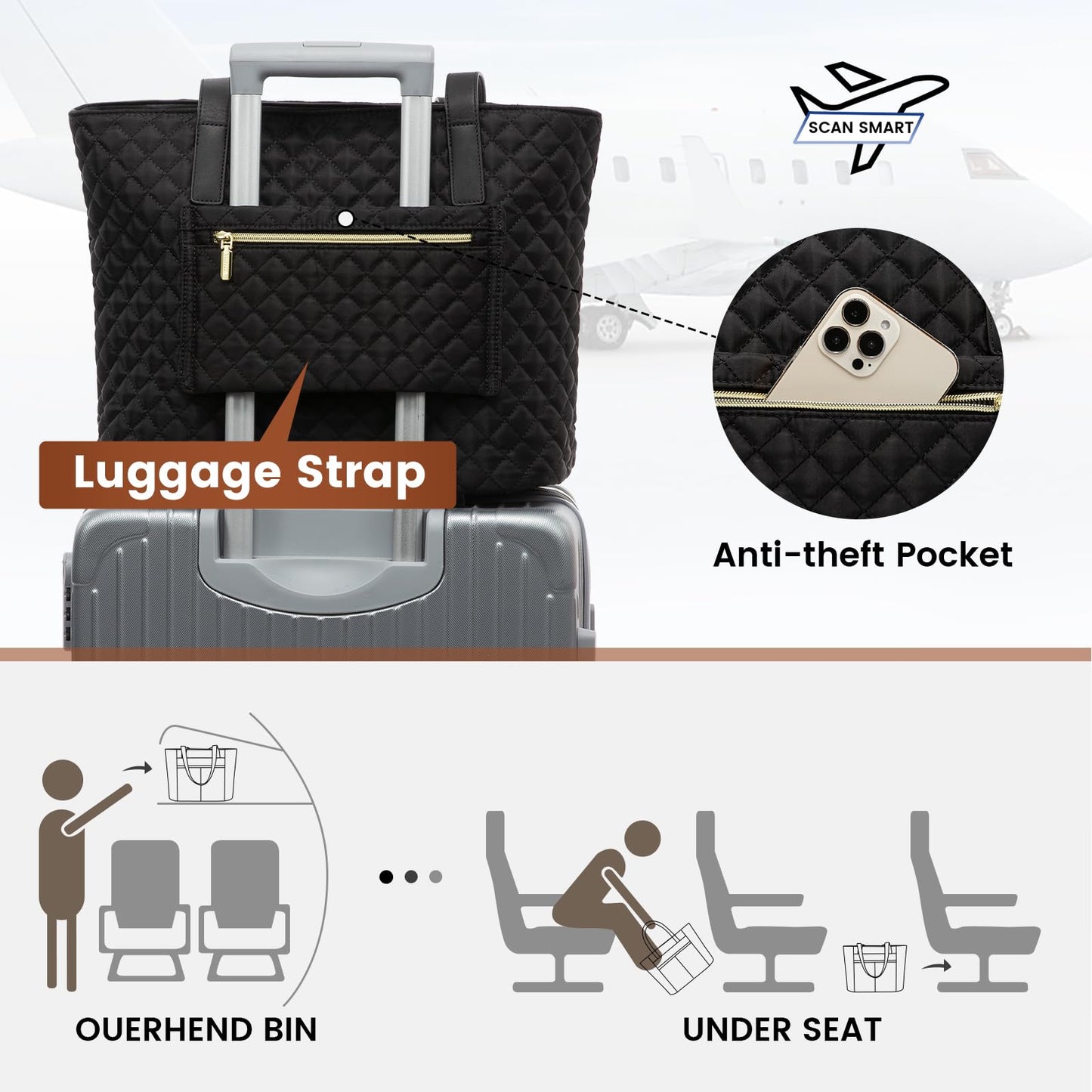 LOVEVOOK Laptop Bag for Women 15.6 inch,Diamond Quilted Work Tote Bags Womens Laptop Tote Computer Shoulder Bags,Stylish Travel Tote Bags Laptop Purse Case Briefcase Handbag with Clutch Bag,Black