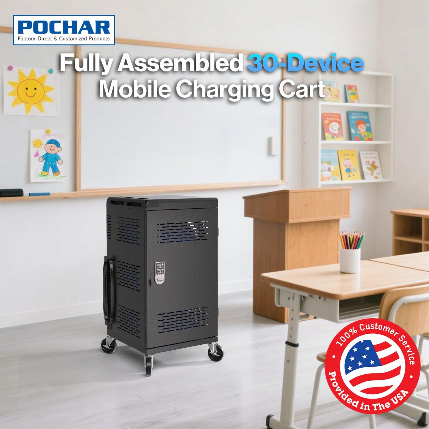 Fully Assembled 30 Unit Device Charging Station for Chromebook, iPad, 14'' Laptop - Pre Built Charging Cart with Charger Cable Management, Circuit Breaker, Grounding Protection (Black)