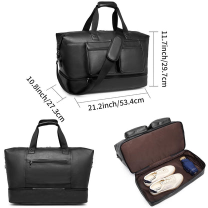 Pu Leather Travel Duffle Bag, Overnight Weekender with Shoe Compartment - Large Gym Bag for Men & Women - Black