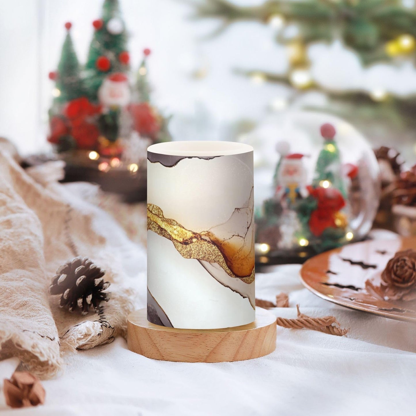 famyily Marble White Brown Flameless Pillar Candle Flameless Candle Lantern with Color Changing for Centerpiece 4" 5" Set of 2