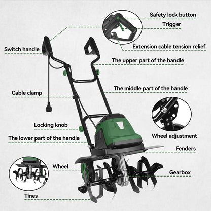 18-Inch Electric Tiller Cultivator, LAZYLAND 15A 380RPM Corded Rototiller with 9-Inch Tillling Depth, 6X4 Steel Tines for Garden/Lawn/Yard/Soil Aeration/Soil Cultivation