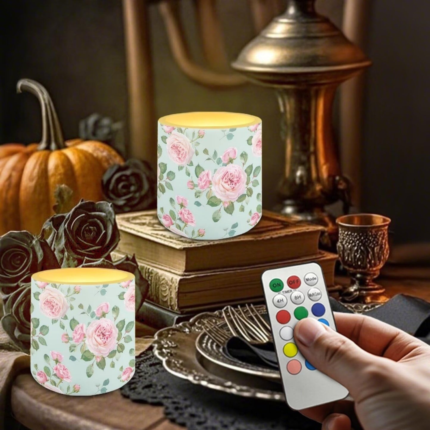 Cozeyat Elegant Floral LED Candles Set of 4 Battery Powered Flameless with Remote Timer Dancing Flame Waterproof for Home Table Garden Decoration