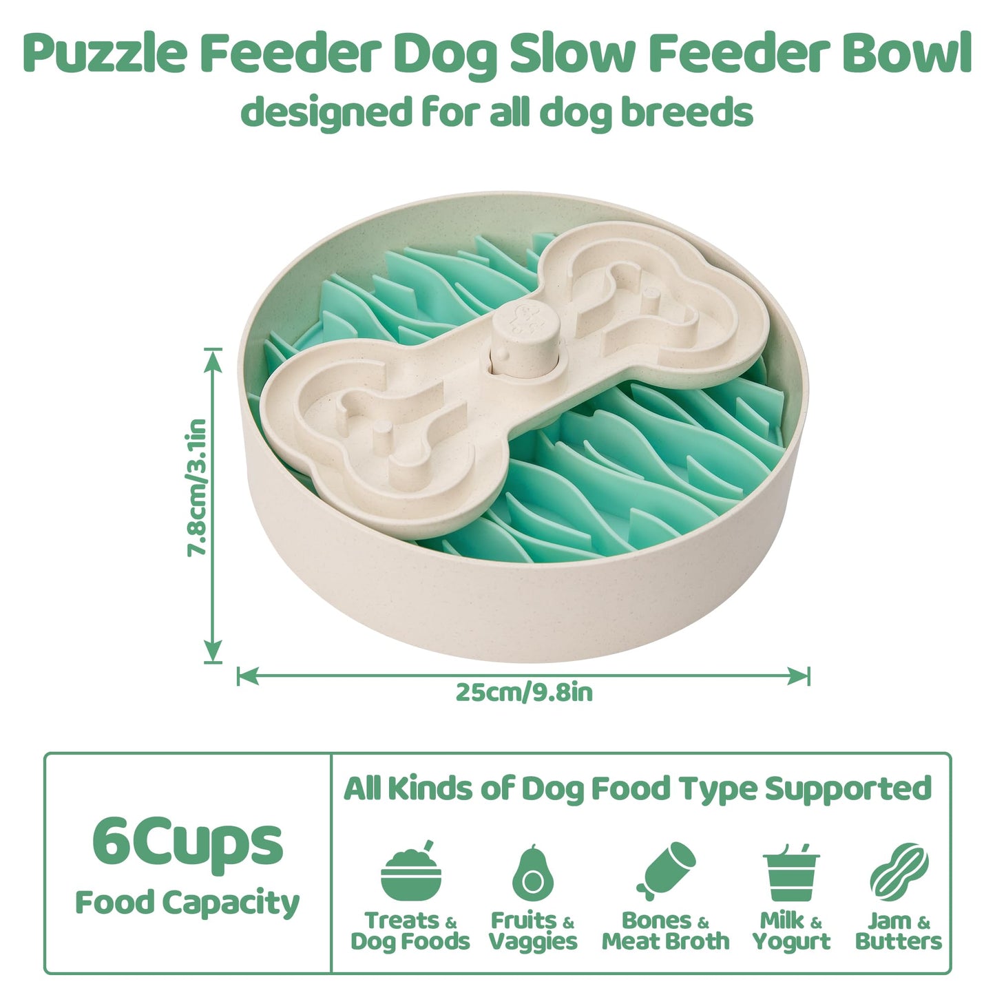 Puzzle Feeder Slow Feeder Dog Bowl for Large Dogs with Non-Slip Base - Adjustable Speed Design, Removable Puzzle Inserts & Dishwasher Safe, Green