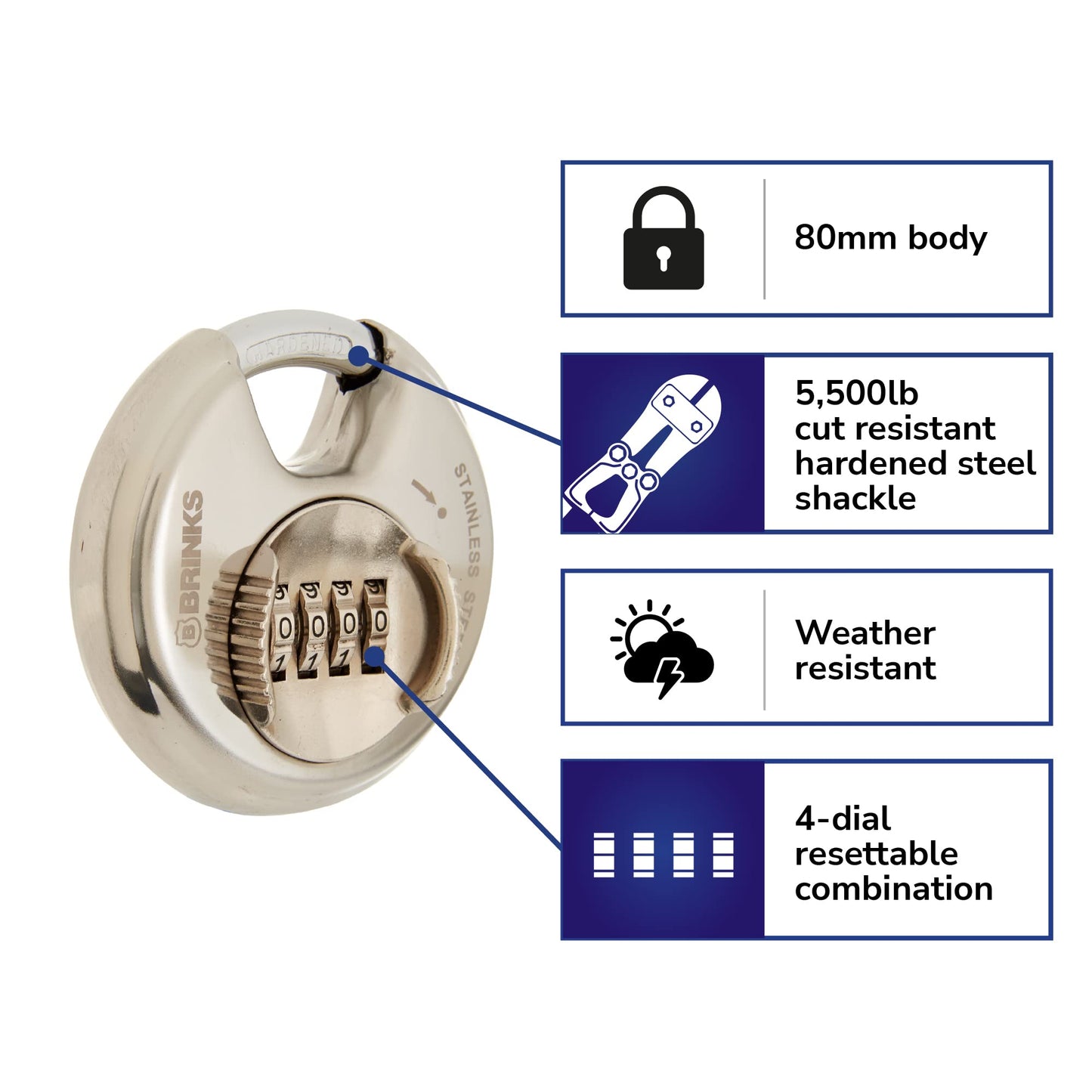 BRINKS – Heavy Duty Combination Padlock – 80mm Chrome Plated Lock with Hardened Steel Shackle – Resettable Security Lock for Storage Lockers, Toolboxes, Outdoor & Indoor Sheds, and More