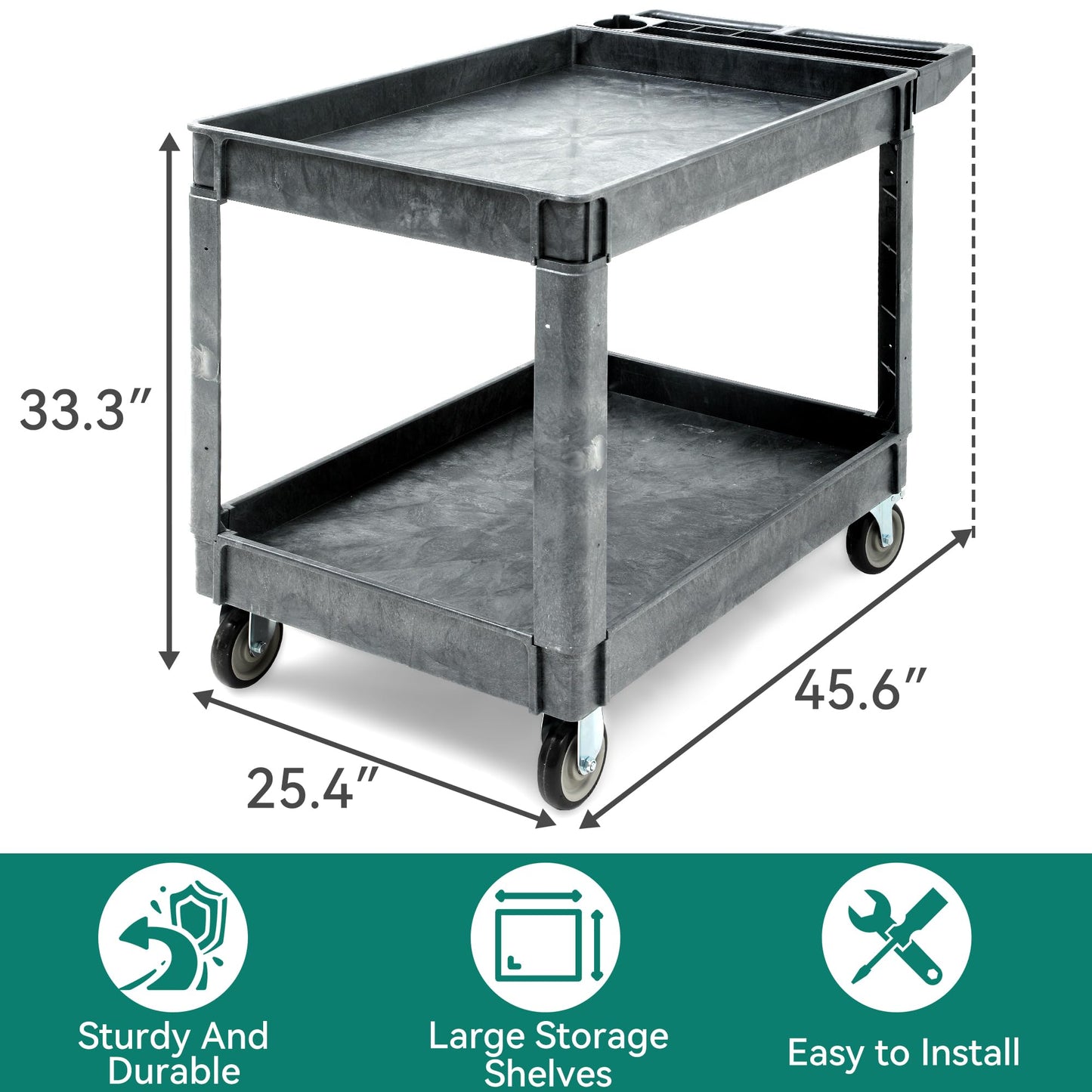 YITAHOME 2 Tier Heavy Duty Plastic Utility Cart 45 x 25 Inch, Rolling Work Cart w/Deep Shelves & 360° Swivel Wheels(2 Brake), Plastic Tool Cart Suitable for Warehouse, Garage, Office, Cleaning, Gray