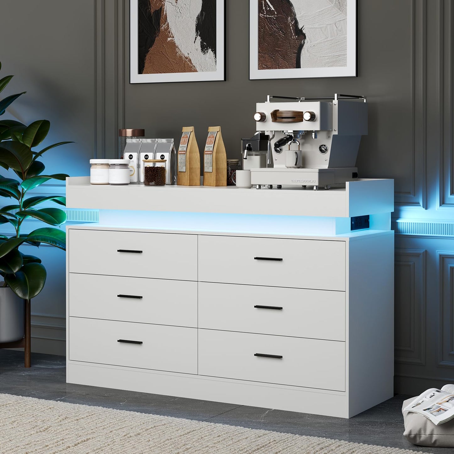 TV Stand Cabinet with LED Lights & Charging Station, Coffee Bar Cabinet Floating Countertop, Modern Sideboard Buffet 6 Drawers for Home, Living Room, White