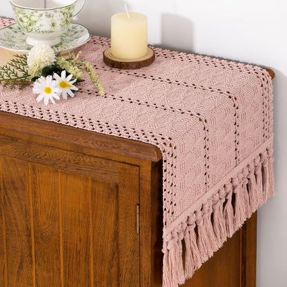 Socomi Boho Table Runner Summer Farmhouse Rustic Dining Kitchen Centerpiece Decor Long Macrame Woven Cotton Linen Coffee Table Runner for Dresser Scarf Home Decor 12x108 in Pink
