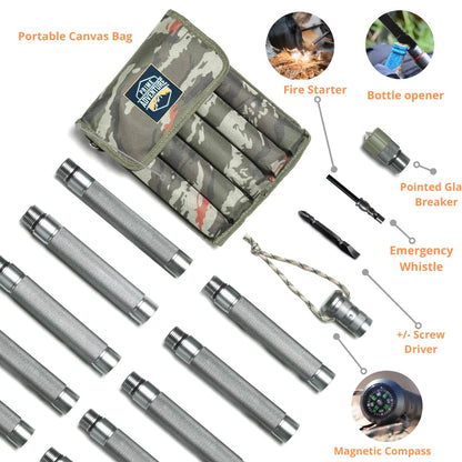 Prime Adventure Hiking Tactical Stick Walking Staff - Outdoor Multitool Gear Trekking Pole Collapsible Retractable Premium 15 in 1 | 8 Tubes